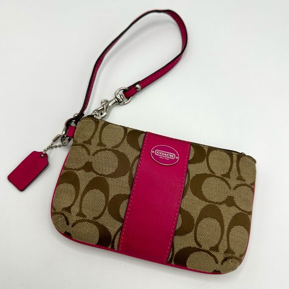 EUC Coach Canvas and Leather Signature Wristlet with Hangtag - Tan/Pink - Picture 2 of 13